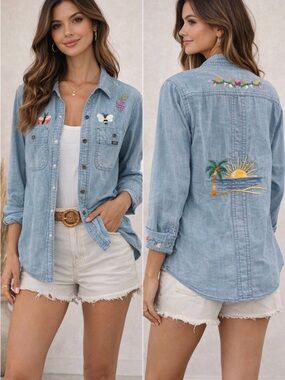Lee Light Wash Denim Button-Up Shirt with Embroidery